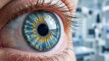 Primer plano de un ojo humano con iris azul y amarillo, pupila negra, pestañas, vasos sanguíneos en la esclera y un reflejo de luz en la córnea.