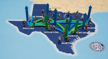 Mapa físico de Texas con miniaturas de personas y flechas de crecimiento sobre Dallas, Houston, San Antonio, Austin, Fort Worth, El Paso; incluye el logo del Federal Reserve Bank of Dallas.