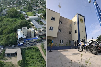 Díptico muestra una subestación de policía con su logo y motocicletas, oficiales, vehículos en la calle, casas, árboles y cielo azul.