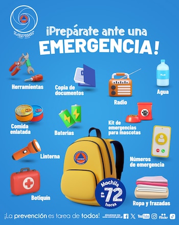 Infografía con una mochila amarilla de 72 horas y elementos de supervivencia: agua, comida, botiquín, herramientas, radio, linterna, documentos y ropa. Fondo azul