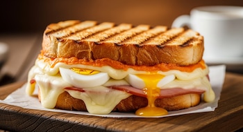 Primer plano de sándwich tostado con pan dorado, jamón, queso derretido y huevo con yema líquida, servido en tabla de madera con taza de café al fondo.