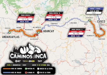 Mapa con el recorrido de la cuarta etapa del rally, leyendas con kilometrajes, horarios y un logotipo de Caminos del Inca