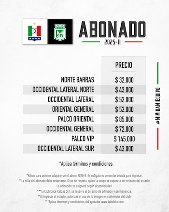 Estos son los precios para los abonados para ir al estadio Palogrande - crédito @oncecaldas / X