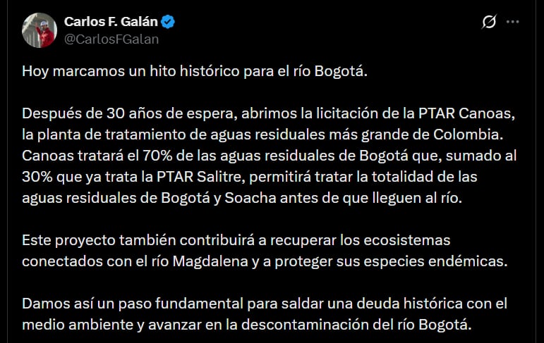 La Empresa de Acueducto y Alcantarillado de Bogotá (Eaab) abrió el proceso entre cuatro firmas que superaron la etapa de precalificación ( - crédito @CarlosFGalan - X)