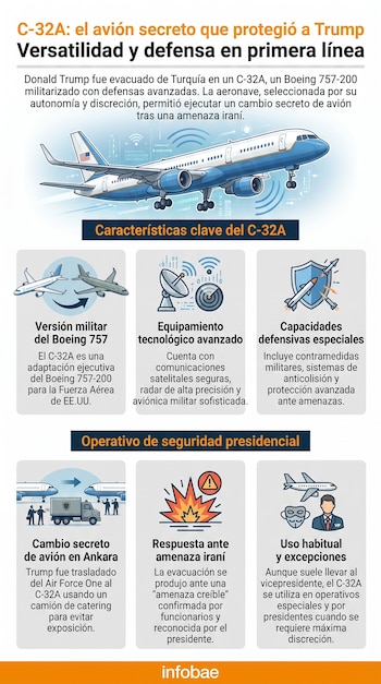 Infografía de avión C-32A, con texto de título y descriptivo. Incluye seis recuadros con iconos y descripciones de características y operativo. Logotipo Infobae.