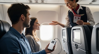 Pasajero en primer plano sujetando un cargador portátil conectado, junto a una mujer, escuchando a una azafata con tarjeta de seguridad en cabina de avión.