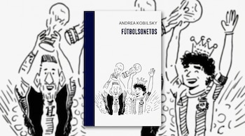 Cubierta de libro titulada “Fútbolsonetos” con ilustraciones de Messi y Maradona levantando copas, sobre un fondo borroso que emula el mismo estilo de dibujo.