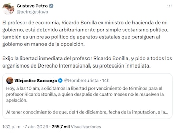 Petro calificó la detención de Ricardo Bonilla como arbitraria y pidió su liberación inmediata. - crédito @petrogustavo/X