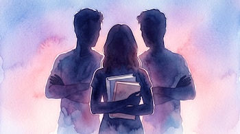 Tres siluetas en acuarela: una mujer al centro sosteniendo libros y dos hombres a los lados con los brazos cruzados sobre un fondo degradado.