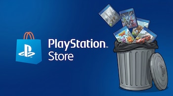 Ilustración: Logo de PlayStation Store con bolsa azul y texto. Cubo de basura gris con tapa, varios videojuegos genéricos cayendo en él sobre fondo azul.
