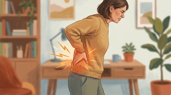 Ilustración de una persona adulta de perfil agarrándose la espalda baja con una expresión de dolor. La zona lumbar está resaltada con destellos de luz. Fondo interior desenfocado.