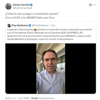 Carlos Carrillo criticando a Federico Gutiérrez por posible llegada de su hermana Juliana Gutiérrez como directora del Icbf - crédito @CarlosCarrilloA/X