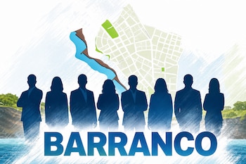 Siluetas de ocho personas frente al mapa de un distrito y el mar, con la palabra Barranco escrita en letras grandes.