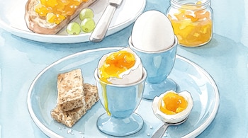 Ilustración en acuarela de huevos pasados por agua en hueveras azules, tostadas, mermelada y uvas sobre un fondo celeste.