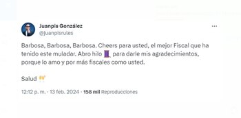 Juanpis González agradece a Francisco Barbosa por su gestión como fiscal General de manera irónica - crédito
@juanpisrules/X