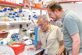 Nicola D’Amelio (dcha.), profesor visitante Fundación Occident, con Jorge Martínez Torrecuadrada, jefe de la Unidad de Producción de Proteínas del CNIO. (MadMoviex / CNIO)