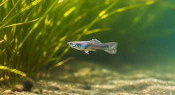 Retrato de una hembra de guppy nadando en agua clara. El pez tiene un cuerpo alargado con tonos grises y plateados, aletas pequeñas. Fondo con plantas acuáticas y luz.