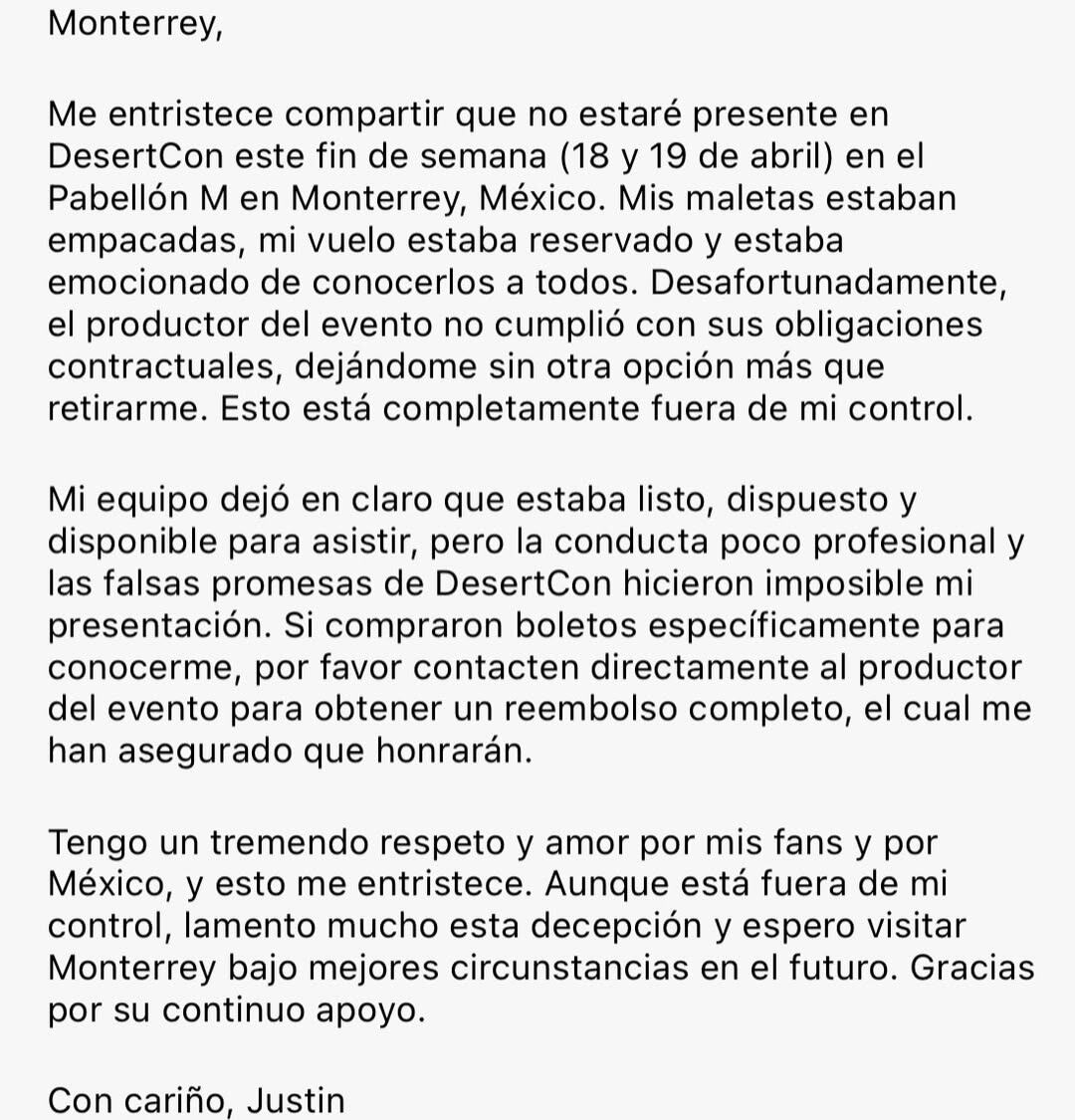 El evento se llevaría a cabo el fin de semana en la ciudad de Monterrey. (IG Justin Berfield)