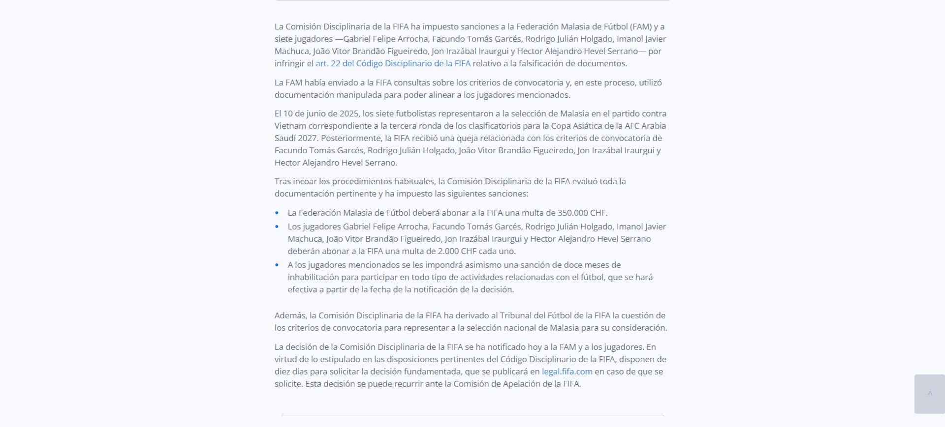 Esta es la medida donde se decide sancionar a seis jugadores de Malasia, en donde se encuentra Rodrigo Holgado - crédito FIFA