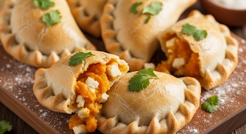 Cinco empanadas de masa dorada se observan sobre una tabla de madera; una está abierta y revela su relleno naranja de calabaza y cubos de queso blanco, decoradas con cilantro.