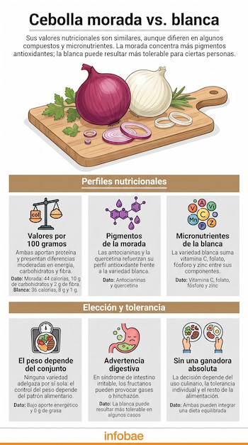 Infografía con ilustraciones de una cebolla morada y una blanca sobre una tabla de madera, junto a seis recuadros con texto e iconos explicativos.