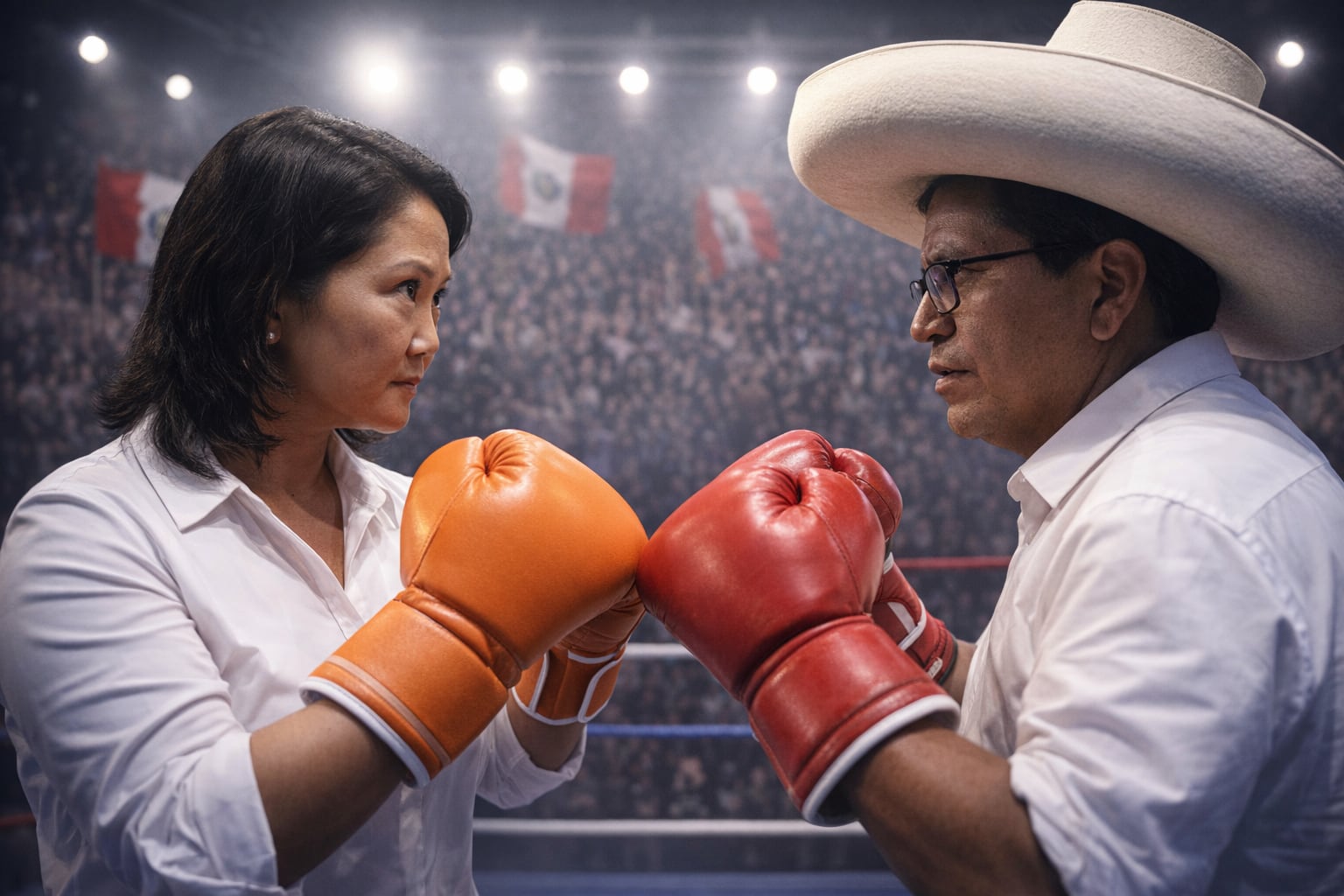 Keiko Fujimori y Roberto Sánchez, candidatos peruanos, se miran desafiantes en un ring de boxeo, simbolizando la intensa contienda electoral previa a la segunda vuelta con guantes naranja y rojo. (Imagen Ilustrativa Infobae)
