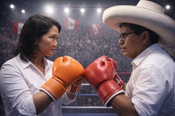 Keiko Fujimori y Roberto Sánchez se enfrentan en un ring de boxeo con guantes naranja y rojo, respectivamente, ante un público difuso y banderas peruanas.