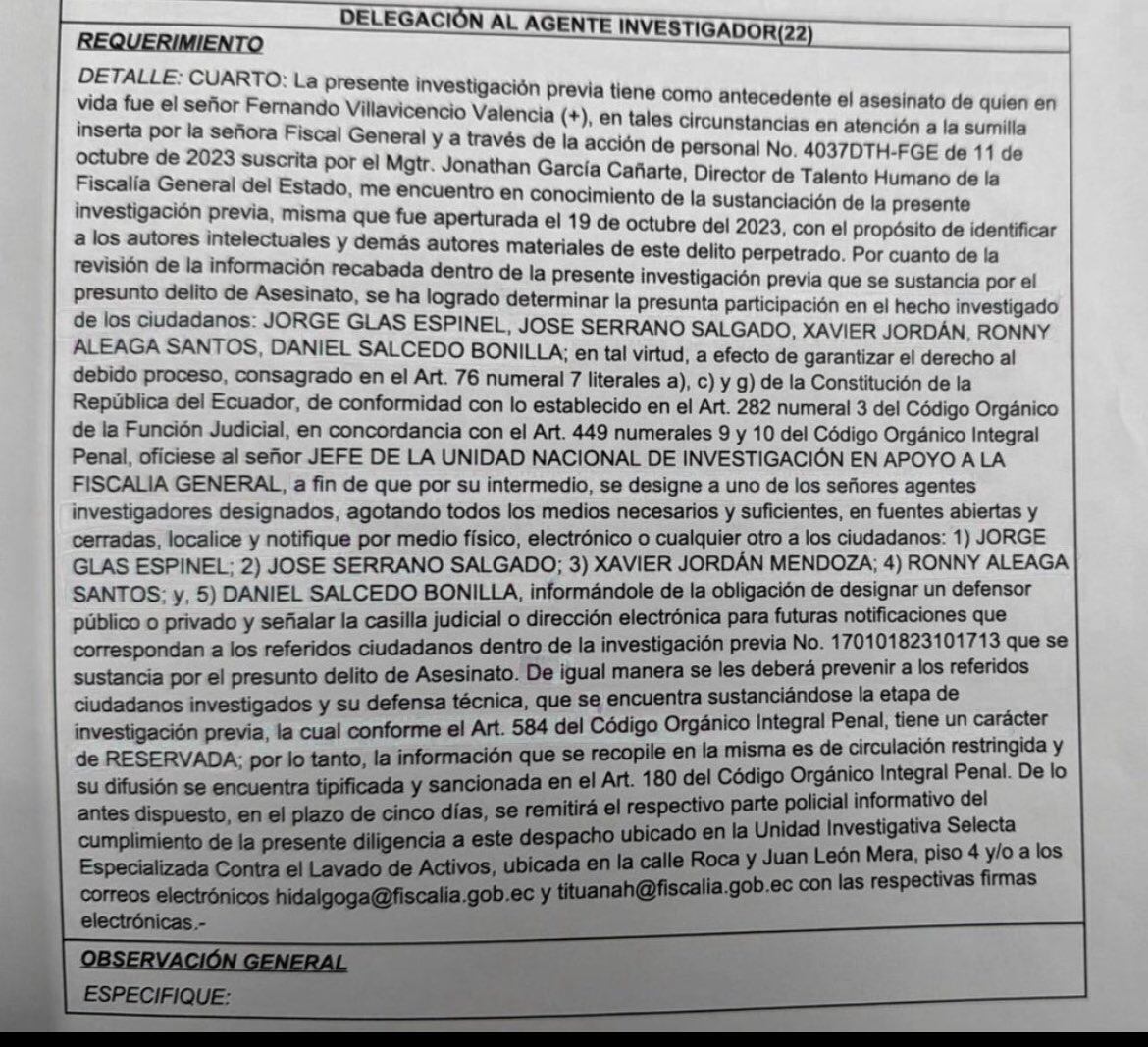 El documento que circula sobre la investigación contra las figuras del correísmo. La Fiscalía no ha confirmado ni desmentido la veracidad del documento.