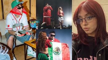 Un collage muestra a un hombre con jersey de béisbol y pañuelo, dos cantantes en concierto, una bandera de México y una mujer con cabello rojo.