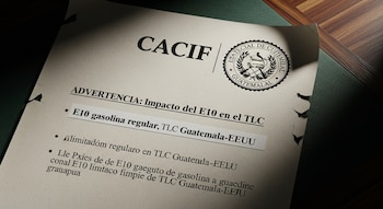 Documento con bordes rasgados, el logo CACIF, un sello, el título 'ADVERTENCIA: Impacto del E10 en el TLC' y texto resaltado sobre una mesa.