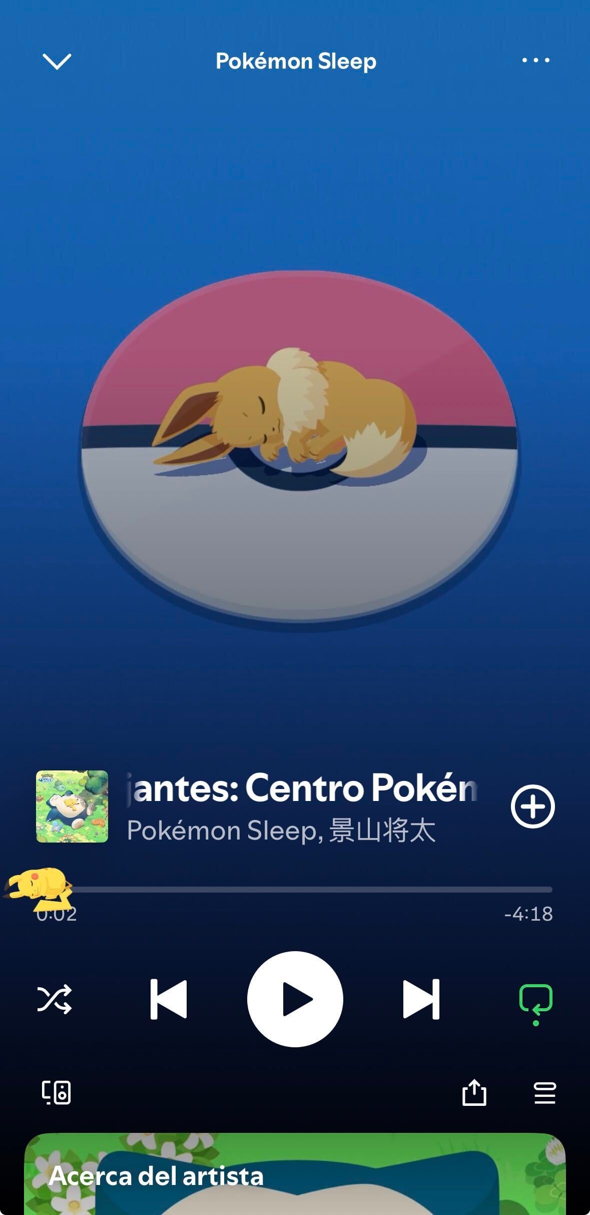 Pikachu durmiendo se convierte en la animación que sigue la reproducción de la canción. (Spotify)