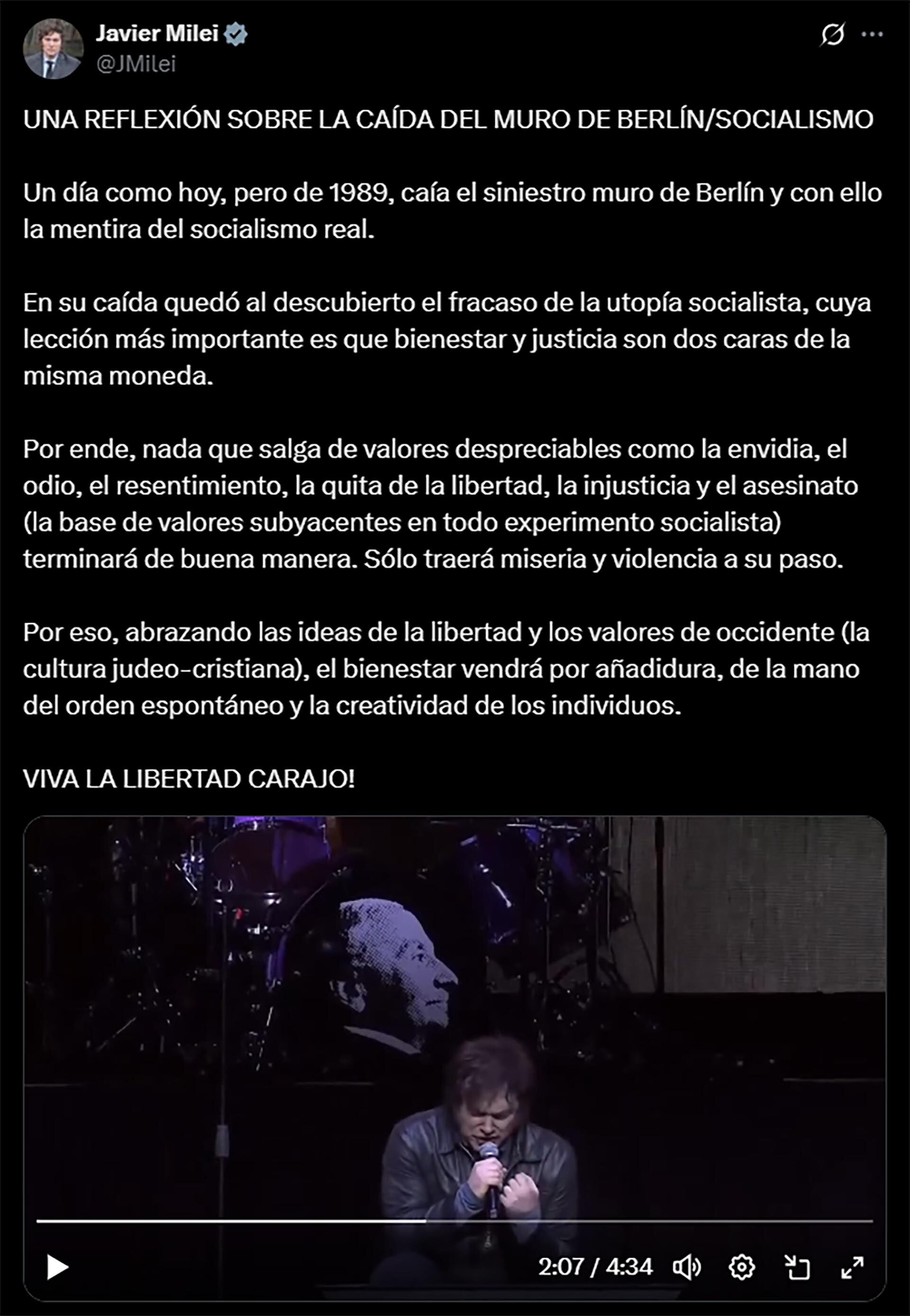 El posteo completo del presidente en X