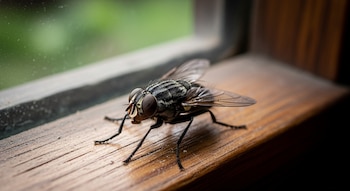 Primer plano de una mosca con grandes ojos compuestos y alas translúcidas, posada en un alféizar de madera polvoriento, con fondo verde borroso.