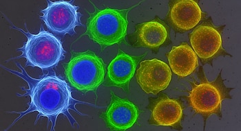 Grupo de células con membranas irregulares y núcleos, diferenciadas en tonos azules, verdes y amarillos, con puntos rojos interiores, sobre fondo gris.
