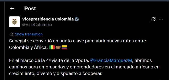Vicepresidencia de Colombia habló de Senegal en una publicación de X - crédito @ViceColombia