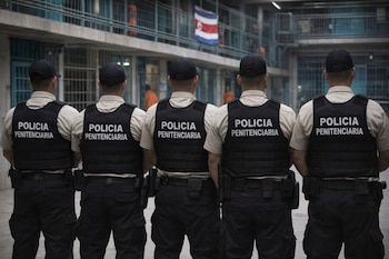 Cinco hombres de espaldas, con uniformes de Policía Penitenciaria, chalecos negros y gorras, en un edificio con celdas y una bandera de Costa Rica.