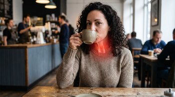 Imagen de una mujer de mediana edad con cabello rizado oscuro, bebiendo de una taza beige en una cafetería, su garganta está resaltada en rojo.