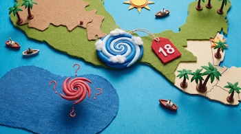 Una ilustración de un mapa del Caribe muestra una onda tropical con el número 18 y un ciclón rojo con signos de interrogación que señala una zona de incertidumbre.