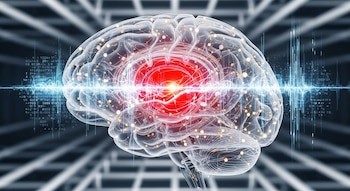 Vista lateral de un cerebro artificial transparente con circuitos luminosos dorados y una zona central resaltada en rojo intenso, rodeado de ondas de datos digitales azules.