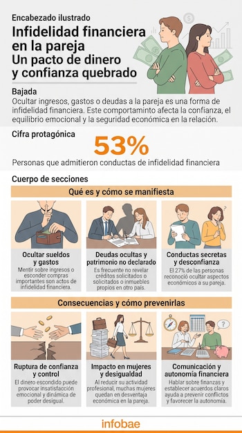 Infografía en español con textos, ilustraciones de parejas y la cifra destacada del cincuenta y tres por ciento sobre infidelidad financiera.