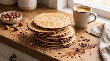 Pila de obleas Mariánskolázeňské rellenas de chocolate sobre una mesada de madera. Un tazón con avellanas, avellanas sueltas y una taza de café.