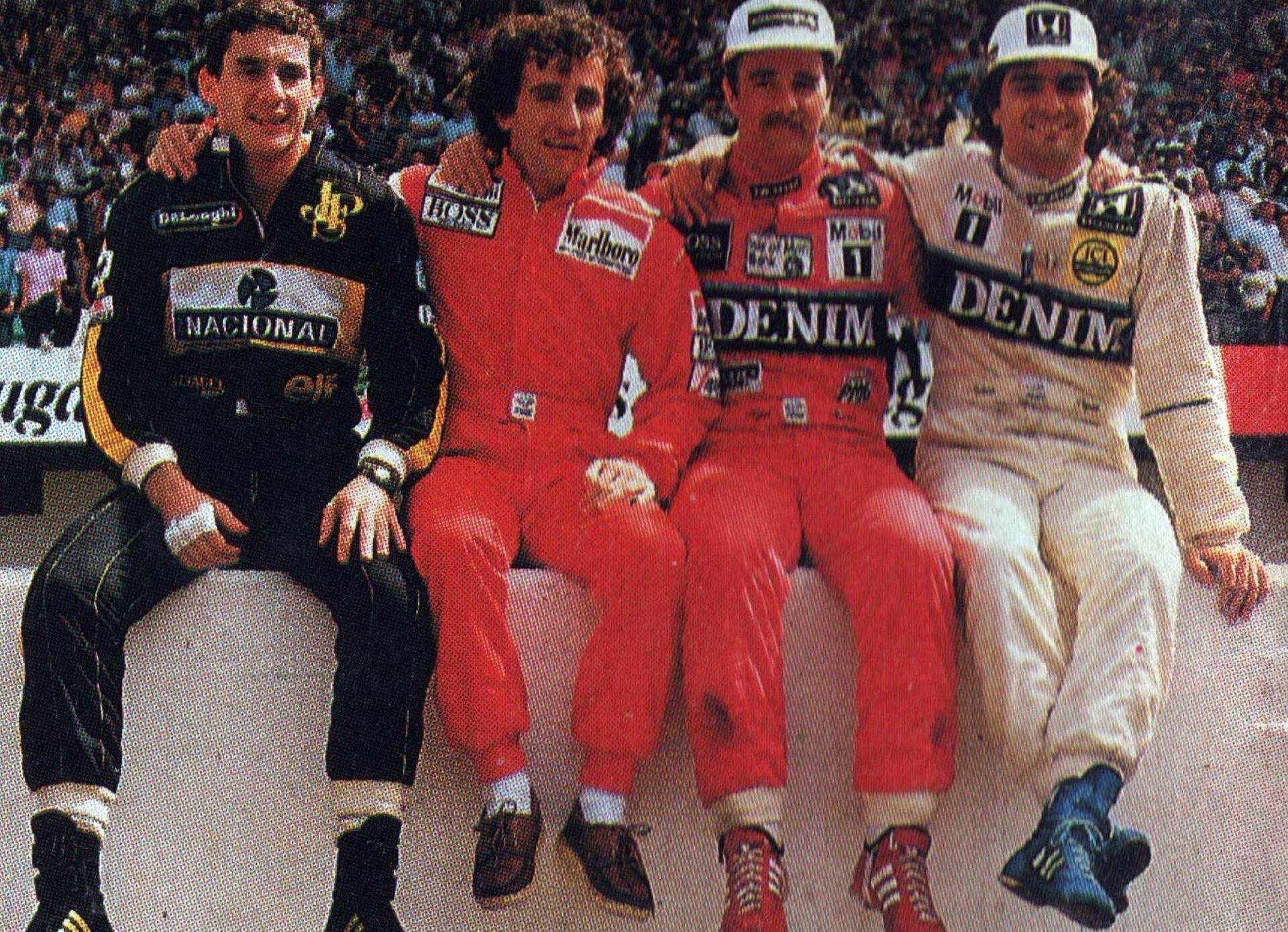 Póker de ases. De izquierda a derecha: Ayrton Senna, Alain Prost, Nigel Mansell y Nelson Piquet. El francés llegó tercero a la última fecha y fue bicampeón en 1986 (Archivo CORSA)