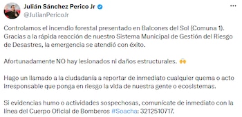 El alcalde Julián Sánchez informó que la emergencia fue controlada y confirmó que no hubo personas lesionadas ni daños estructurales. - crédito @JulianPericoJr/X