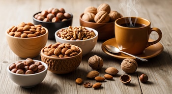 Cuencos con almendras, nueces y avellanas. Una taza humeante, platillo y cuchara. Algunas nueces y almendras sueltas en una superficie de madera.