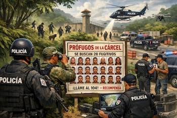 Policía de Panamá en operación de búsqueda con oficiales, vehículos, helicóptero, dron y cartel de 20 prófugos en un entorno de jungla y carretera.