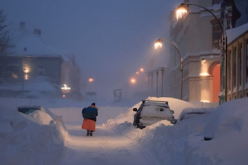 A person walks in a snowstorm in Kristiansand, Norway January 3, 2024. Tor Erik Schroder/NTB/via REUTERS ATTENTION EDITORS - THIS IMAGE WAS PROVIDED BY A THIRD PARTY. NORWAY OUT. NO COMMERCIAL OR EDITORIAL SALES IN NORWAY.