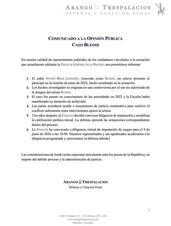Abogado de Blessd aclaró la posición del artista tras la citación a audiencia en el proceso que adelanta la Fiscalía General de la Nación - crédito @SoyDefensor_/ X