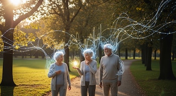 Tres adultos mayores caminan en un parque. Luz solar brilla entre los árboles. Líneas y luces brillantes rodean sus cabezas y una mano.
