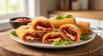 Un plato blanco con rollitos de pizza dorados, varios cortados mostrando pepperoni y queso fundido. Decorados con albahaca y queso. Un cuenco de salsa roja al fondo.