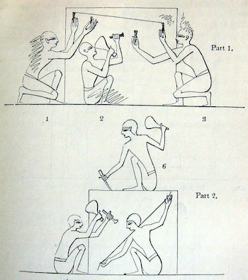 Trabajadores tallando bloques. Dibujo copiado